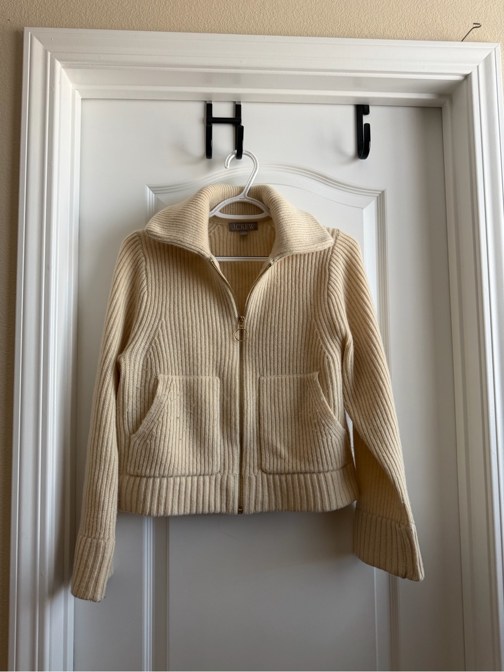J. Crew Cream Ribbed Merino Zip Cardigan
